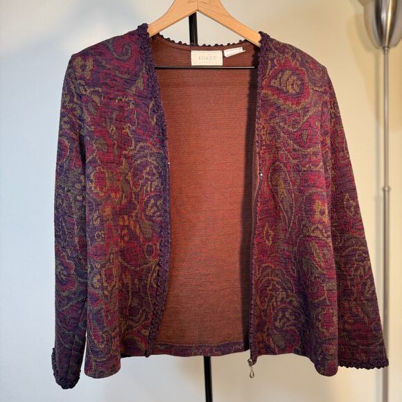 Koret Zip Front Tapestry Knit Jacket Purple Red Paisley Textured Vintage Chic - Picture 9 of 9